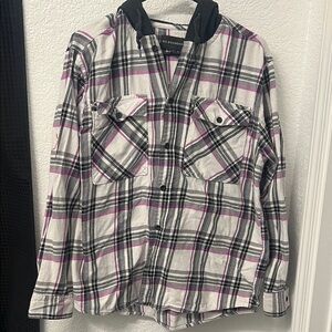 No Boundaries Black and White Plaid Shirt with Pink Accents